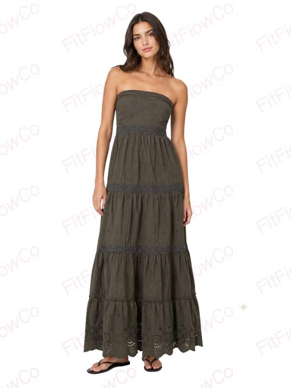 Charlotte Russe Olive Strapless Boho Eyelet Tiered Maxi Dress M Cotton
